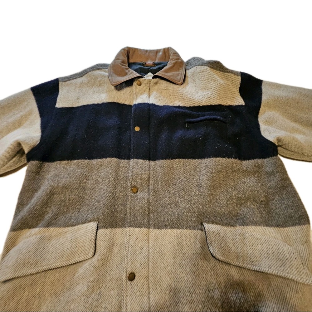 Vintage Wool Colorblock Streetwear Leather Collar Blanket Jacket Men's SZ XL
